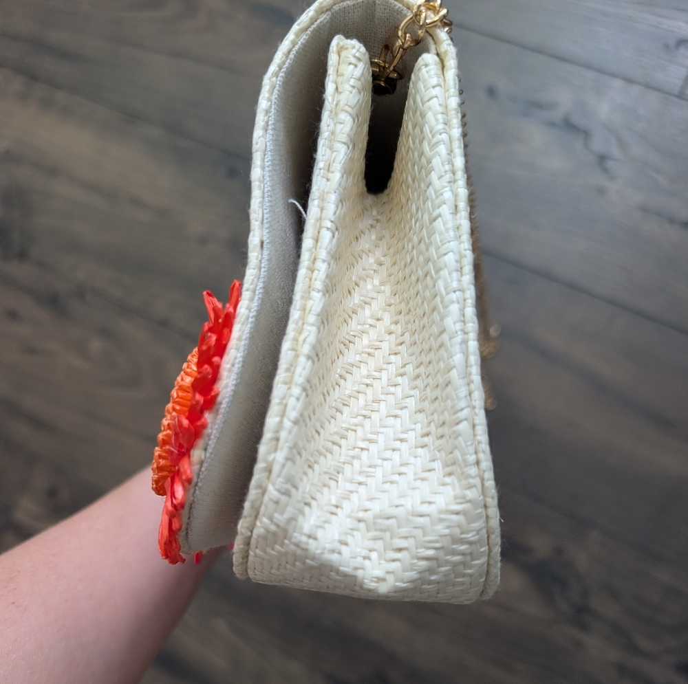 Haute Hippie White Woven Top-Handle Bag with Pink, Blue & Red Floral Appliqués - Picture 8 of 11